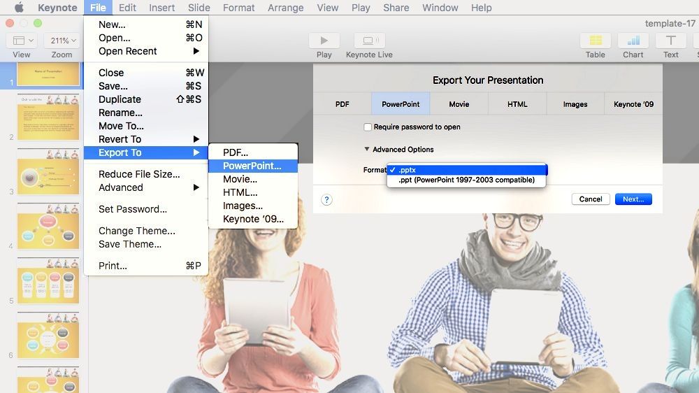 Save the Keynote presentation as a PPTX