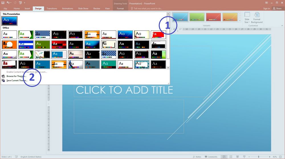 MS PowerPoint Themes group