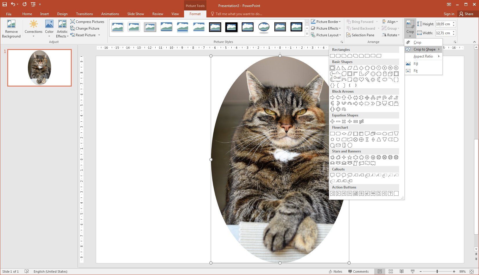 Image cropping: By default PowerPoint stretches your chosen shape to cover the entire image