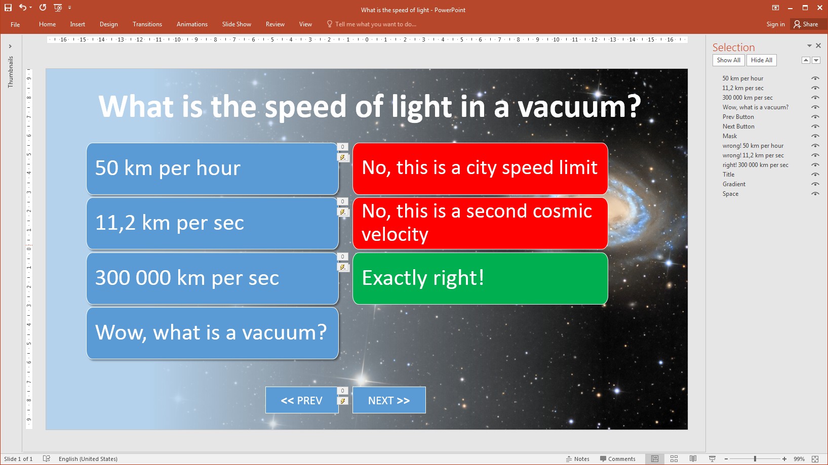 Here's what the interactive presentation slide with PowerPoint triggers looks like