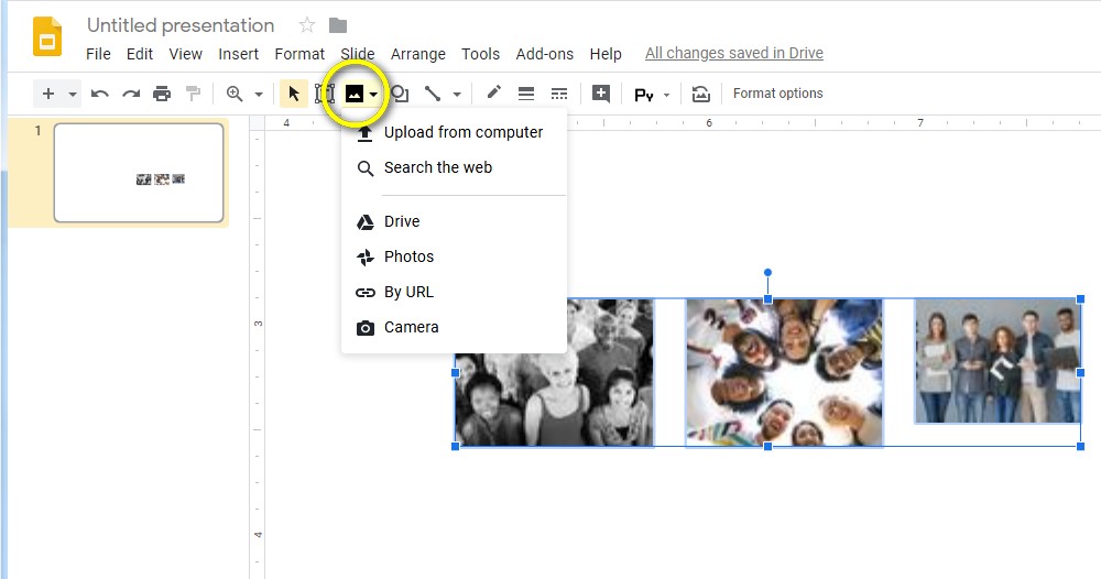 Making an Interactive Presentation in Google Slides: Insert the images you want to use as the current topic thumbnails