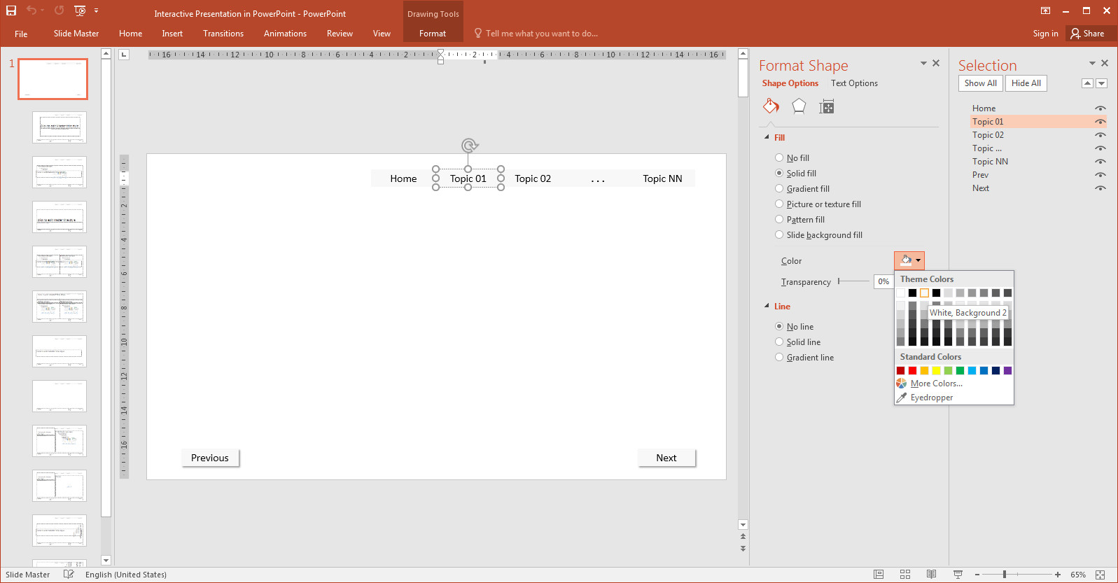 Making an Interactive Presentation in PowerPoint: The tab bar and the navigation buttons should be located on each slide