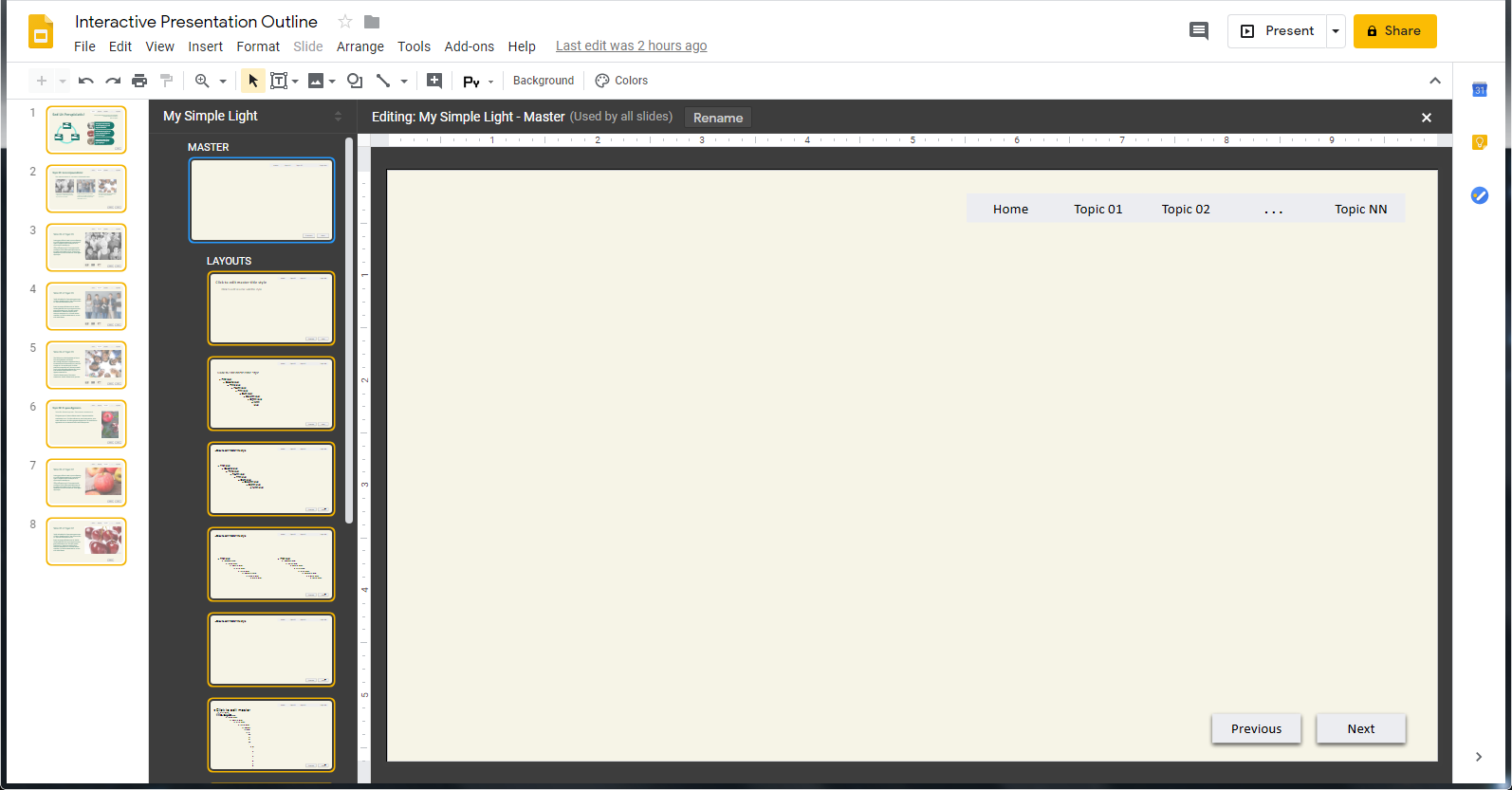 Making an Interactive Google Slides Presentation: The tab bar and the navigation buttons should be located on each slide