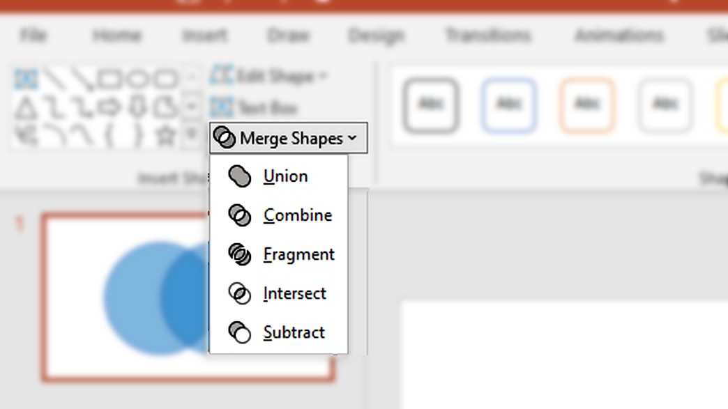 How to Show Venn Diagram Elements Using Powerpoint Tools: A drop-down menu will appear with five options.
