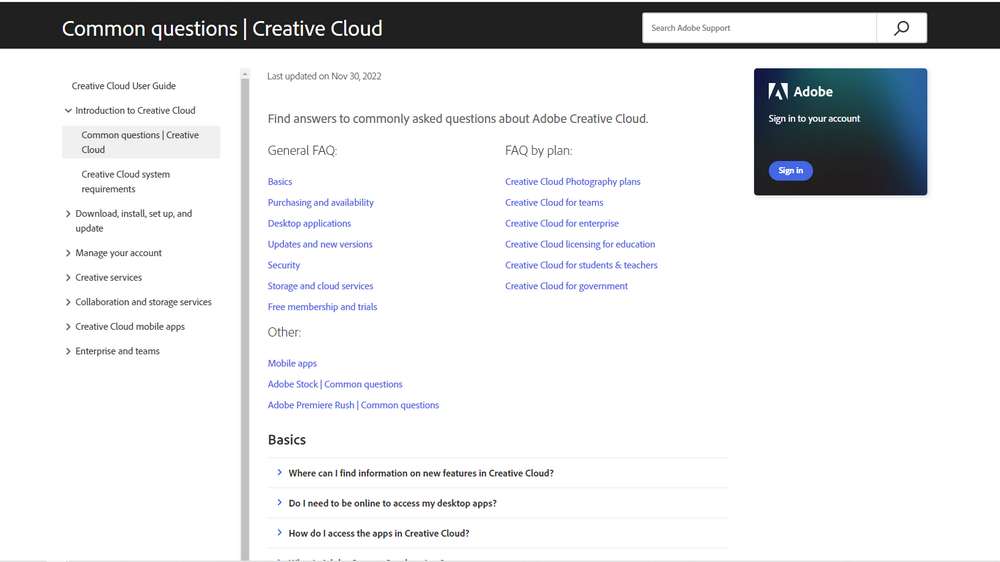 Adobe Creative Cloud FAQ Page to convert into FAQ Word Template