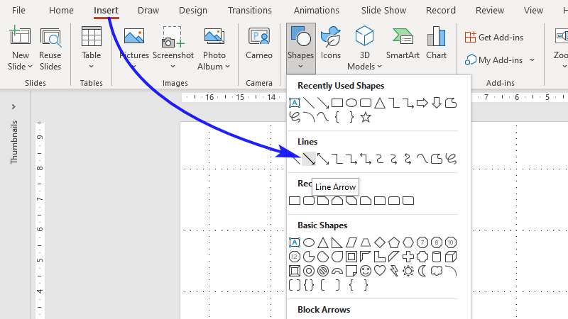 In the Insert tab, navigate to Shapes, then insert a new Line Arrow.