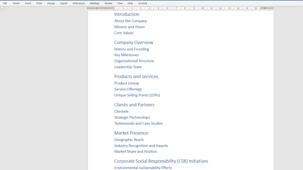 The list from our article will turn into a structure of headings for your company profile in your MS Word