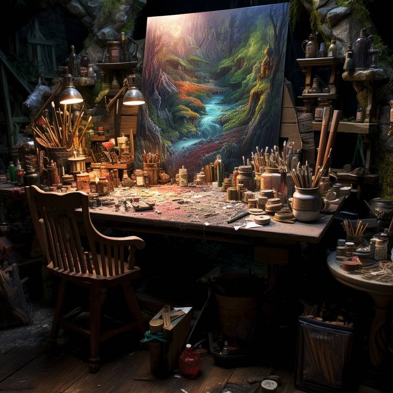 AI-Image Generation Models: The prompt for this artist's table image from Midjourney mentions the ambiance of hobbits