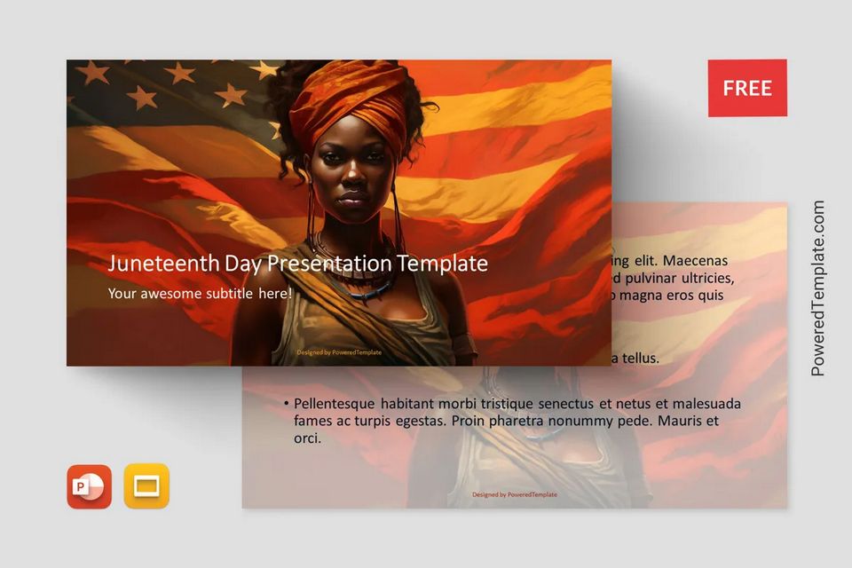 Pride and Heritage - African Lady on USA Flag Edition Presentation Template - Free Google Slides theme and PowerPoint template
