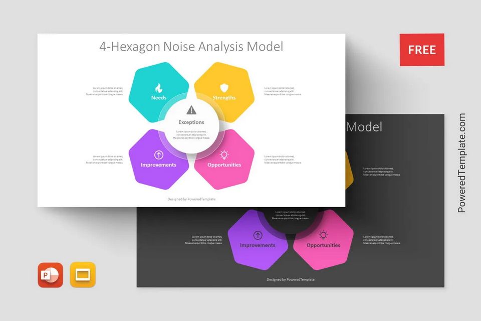4-Hexagon Noise Analysis Model - Free Google Slides theme and PowerPoint template